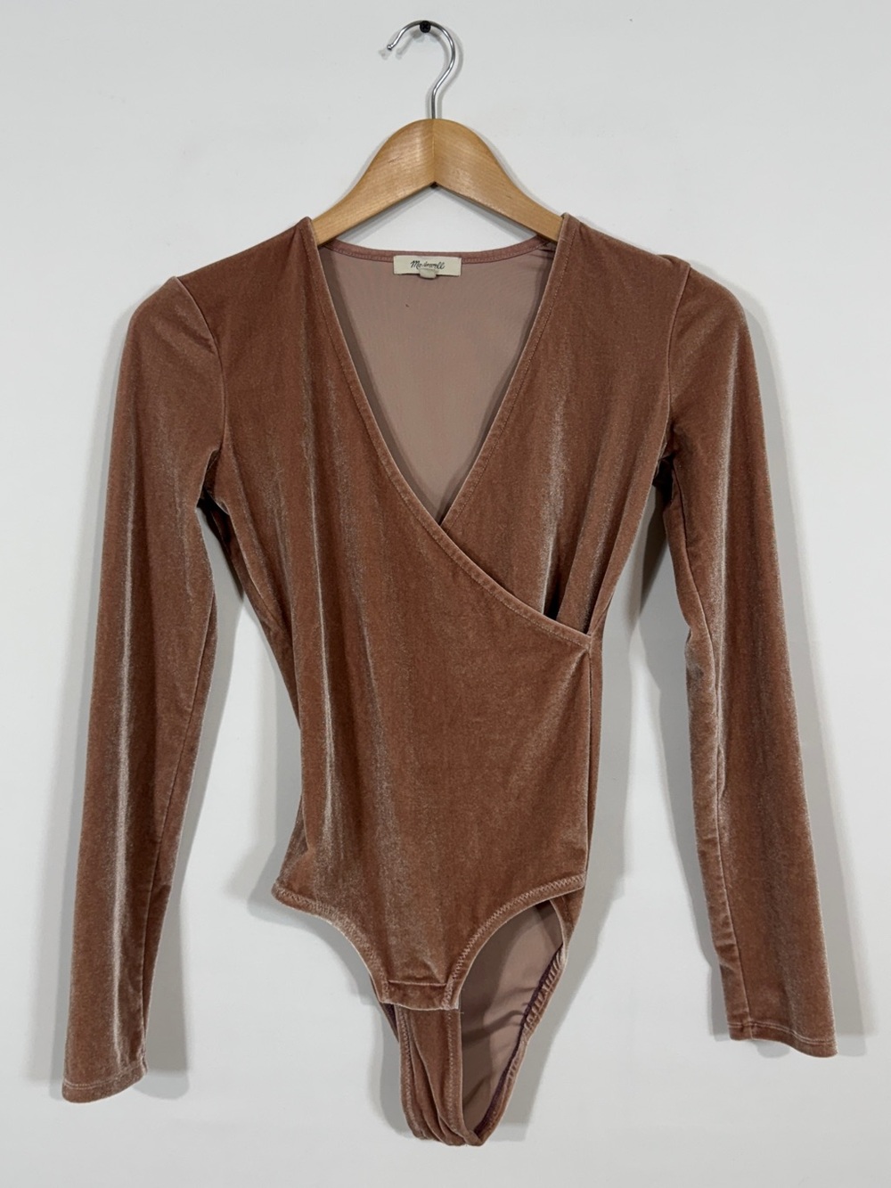 WSH148 {Madewell} Dusty Pink Velvet Velour Long Sleeve Wrap Bodysuit Top